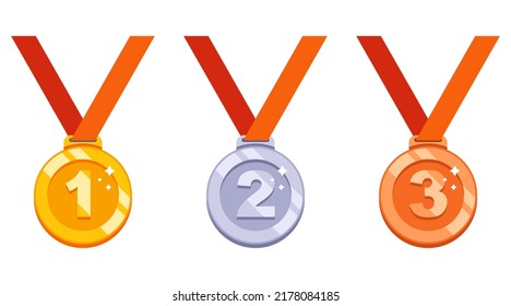 set of gold, silver and bronze medals. prize for sporting achievements. flat vector illustration.