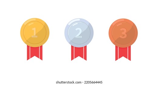 Set of the gold, silver and bronze medals with red ribbon. First, second and third place. Champion and winner reward medals. Gold, silver and bronze medals. Contest achievement, victory