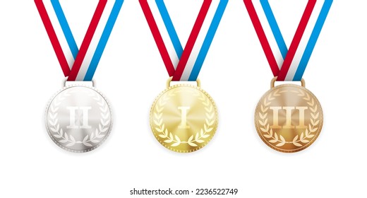 Set of gold, silver and bronze medals. First, second and third place prize.
