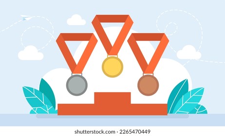 Set of gold, silver and bronze medals. Sports competition first, second and third place awards. Championship reward. Contest victory. Gold, silver and bronze medals with ribbon. Vector illustration