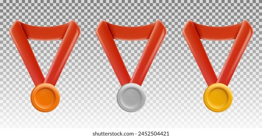 Conjunto de medallas de oro, plata y bronce en 3d estilo realista aislado sobre fondo transparente. Insignias de premios de colección deportiva. Ilustración vectorial.