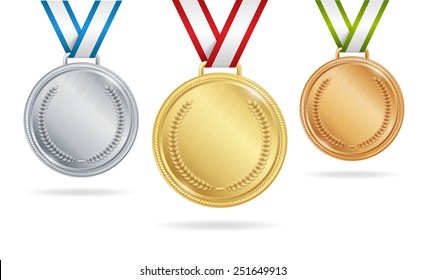 Set of gold, silver and bronze medals on white background