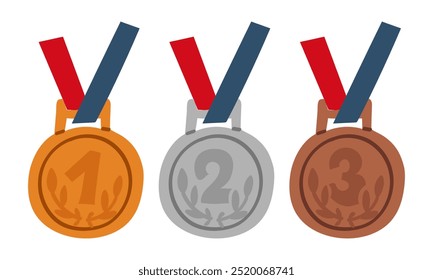 Um conjunto de medalhas de ouro, prata, bronze para o primeiro, segundo e terceiro lugares, metais redondos suspensos por fitas azuis e vermelhas. Design gráfico plano vetorial, coleção de ilustrações isolada