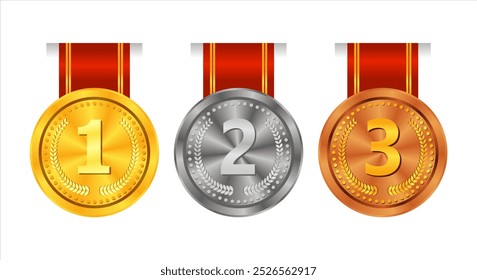set of gold, silver and bronze medals with ribbon podium, vector illustration champion and winner award of honor vector isolated template medals