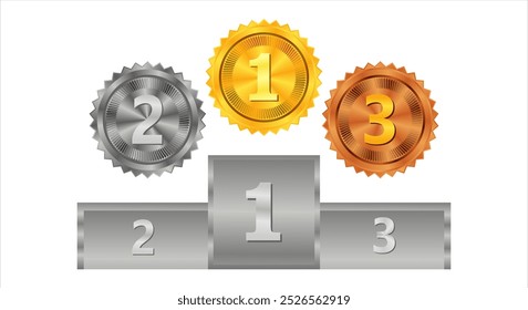 set of gold, silver and bronze medals with ribbon podium, vector illustration champion and winner award of honor vector isolated template medals