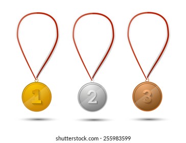 Set of gold, silver and bronze medals isolated on white