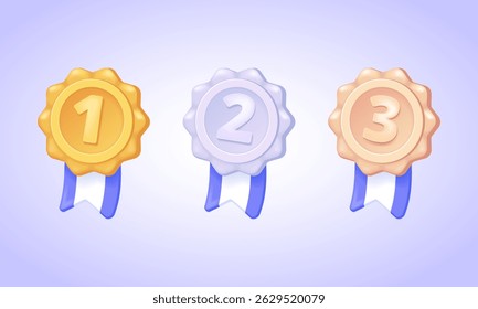 Conjunto de medalhas de ouro, prata e bronze com números 1 2 3 e fitas em estilo pseudo 3d cartoon, distintivos vencedores para ranking e design de prêmio - coleção de ilustração vetorial 3d.