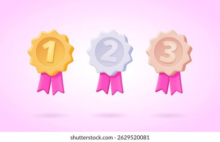 Set of gold, silver and bronze medals with numbers 1 2 3 and ribbons in cartoon pseudo 3d style, winner badges for ranking and award design – 3d vector illustration collection.