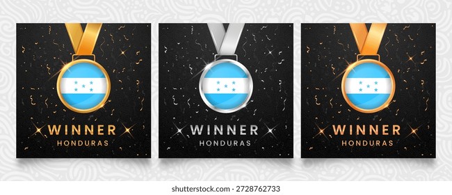 Conjunto de medallas de oro, plata y bronce para Honduras. Cuenta con la bandera nacional sobre un fondo oscuro y festivo con confeti y estrellas brillantes. Profesional de Ilustración vectorial de alta calidad.