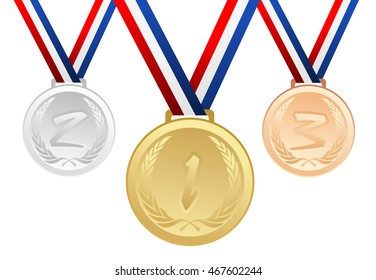 Set of gold, silver and bronze medals with ribbons - vector graphic