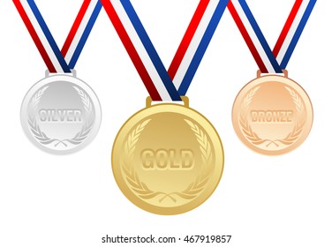 Set of gold, silver and bronze medals with ribbons - vector graphic