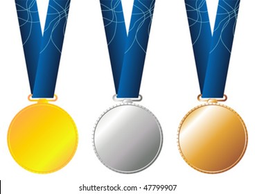 Set of gold silver and bronze medals with blue ribbon