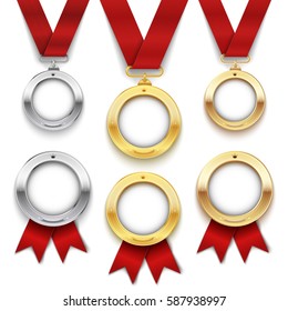 Set of gold, silver and bronze medals with red ribbon. Vector illustration