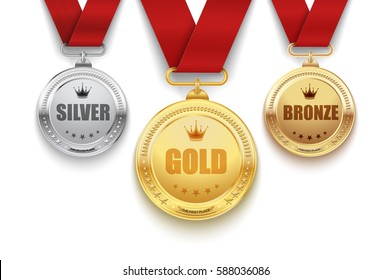 Set of gold, silver and bronze medals with red ribbon. Vector illustration