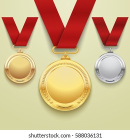 Set of gold, silver and bronze medals with red ribbon. Vector illustration