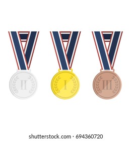 Set of gold, silver and bronze medals with ribbons icon. Laurel leaf on medal. Championship award. Achievement, victory concept. Vector illustration