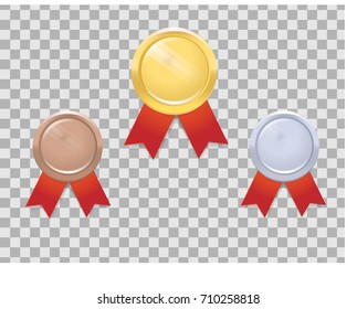 Set of gold, silver and bronze medals with red ribbon on transparent background. Vector illustration
