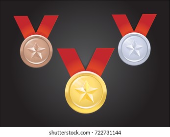 Set of gold, silver and bronze medals with red ribbon. Vector illustration