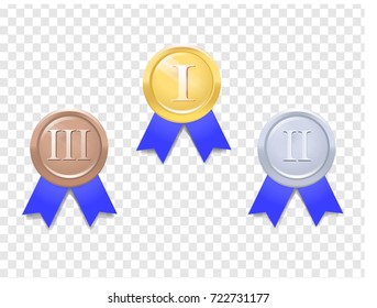 Set of gold, silver and bronze medals with red ribbon. Vector illustration