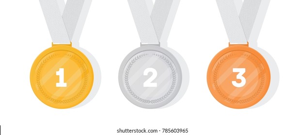 Set of gold, silver and bronze medals. Collection of winner or champion prizes or rewards for sports game competition, tournament, contest or championship. Colorful vector illustration in flat style.