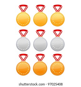 Set of gold, silver and bronze medals