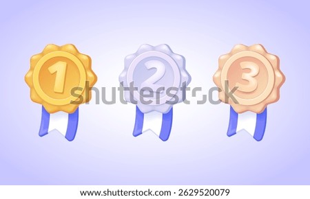 Set of gold, silver and bronze medals with numbers 1 2 3 and ribbons in cartoon pseudo 3d style, winner badges for ranking and award design – 3d vector illustration collection.