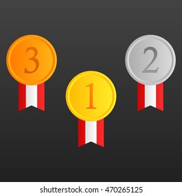 Set of gold, silver and bronze medals.with red ribbon vector in the black background