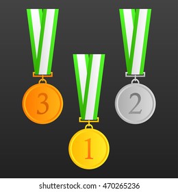 Set of gold, silver and bronze medals.with green ribbon vector in the black background