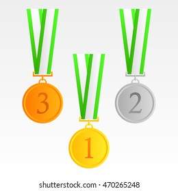 Set of gold, silver and bronze medals.with green ribbon vector in the white background