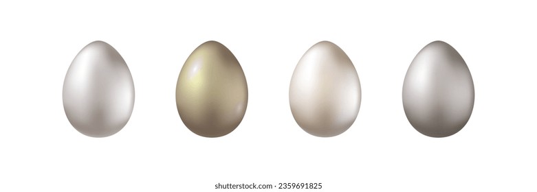 Set of gold, silver, bronze metal eggs. Realistic vector illustration. Design element foe Easter decoration