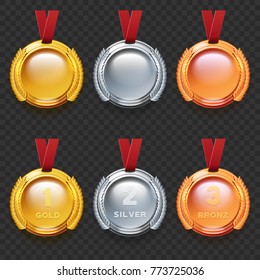 Set of gold silver and bronze olympic games medals. Vector illustration of winner or award