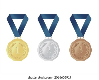 A set of gold, silver and bronze ranking medals with a laurel wreath 