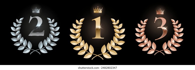 Set of gold, silver and bronze rating frames with laurel wreaths and crowns. First, second, third place.  Vector premium template.