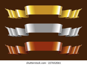 Set of Gold, Silver and Bronze Ribbons. Vector Illustration