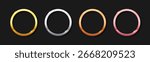 Set of gold, silver, bronze, and rose gold circular frames. Glossy metallic rings for medals, awards, buttons, or stamps on black background. Elegant thin metal frame vector illustration.