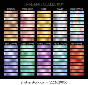 Set of gold, silver, bronze, rose gold, holographic, blue, green, purple, azure and red chrome foil texture backgrounds. Vector illustration for frame,ribbon,banner,poster,label. Gradients collection