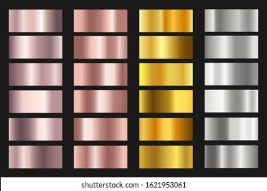 Set of gold, silver, bronze and rose gold foil texture backgrounds for chrome border, frame, ribbon, label design