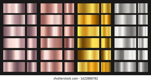 Set of gold, silver, bronze and rose texture backgrounds. Shiny and metalic gradient collection for chrome border, frame.