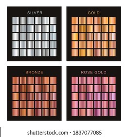 Set of gold, silver, bronze and rose gold gradients. Collection metallic textures. Vector gradients.