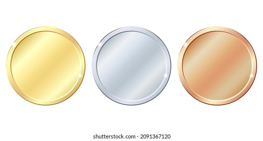 Medallas vacías de oro, plata y bronce. Concepto de un premio por la victoria de primer lugar de logro o calidad aislado en fondo blanco. Puede utilizarse como iconos de botón de moneda