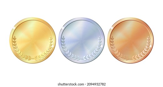 Set of gold, silver and bronze round empty medals. Concept of an award for victory winning first placement achievement or quality isolated on white background. Can be used as a coin button icons