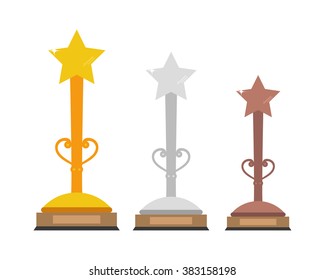 Set of gold, silver and bronze trophies with a star in the top. Vector illustration