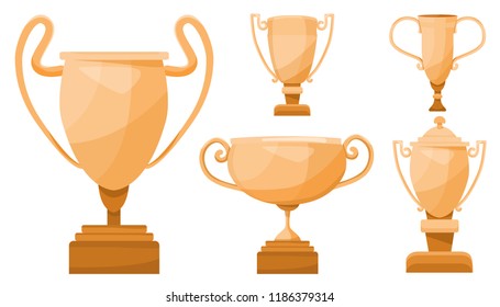 Set of gold, silver and bronze trophy cups. Winning concept. Vector flat illustration.