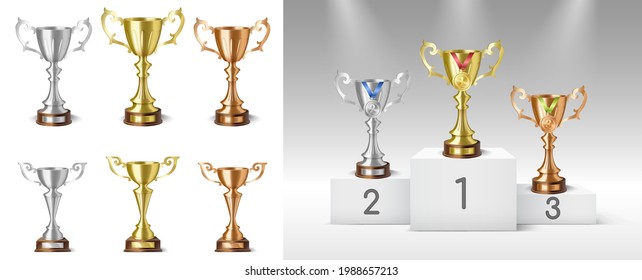 Set of gold silver and bronze trophy cup isolated or on ceremony pedestal for winner award. Realistic champion rewards, first, second, third place, championship success concept. 3d vector illustration