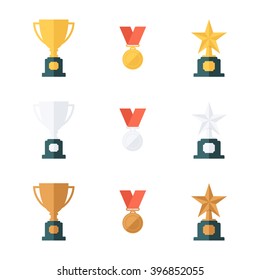 Set Of Gold, Silver And Bronze Trophy Cups, Medals And Star Awards. Flat Design Vector Illustration.