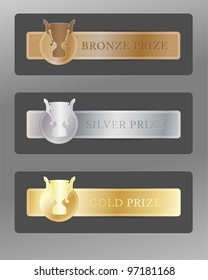 Set Of Gold, Silver & Bronze Trophy Cups For First, Second & Third Places On Metal Badges