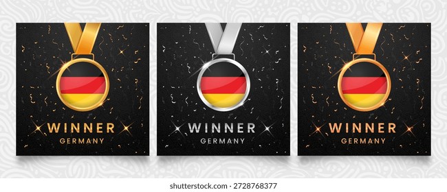 Set of gold, silver, and bronze winner medals featuring the Germany national flag. Elegant dark background with gold confetti and star sparkles. Professional vector award design template.