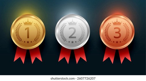 set of gold, silver and bronze winning numbers medal design vector