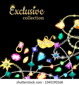 Set of gold and silver chains with diamonds on a black background. Precious stones of different colors and different cut.  Stylish gold and silver accessories for women.Postcard with colorful gems. 