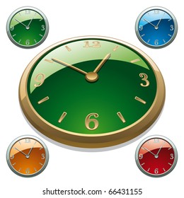 Set of Gold and Silver Clock Icons. Front and Perspective View. Vector Illustration